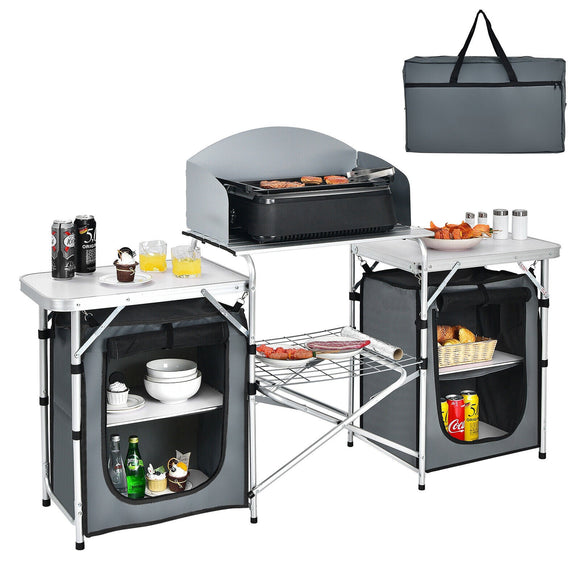 Heavy Duty Portable Folding Aluminum Camping Grill Table w/ Windscreen Storage Organizer - Gadfever