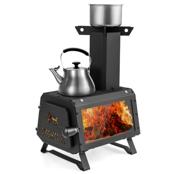 Heavy Duty Portable Wood Burning Stove Carbon Steel for Outdoor w/ 2 Cooking Options - Gadfever