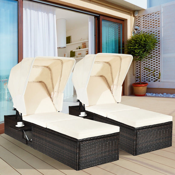 Patio Rattan Chaise Lounge Chair w/ Adjustable Backrest and Retractable Canopy - Gadfever