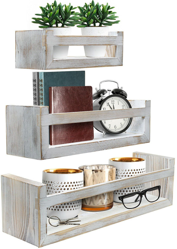 Rustic Wood Floating Wall Shelves For Home & Office - Set of 3 - Gadfever